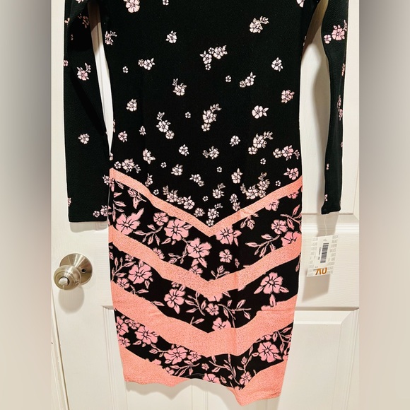 LULAROE DEBBIE DRESS BLACK & BARBIE PINK ROSES & CHEVRON PRINT SIZE XS - Picture 3 of 14